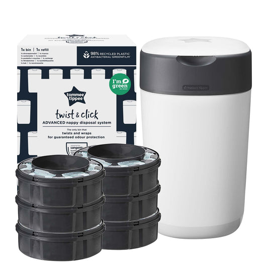 Tommee Tippee Twist and Click Advanced Windeleimer, umweltfreundliches System, inkl. 6x Nachfüllkassetten mit nachhaltig gewonnenem, antibakteriellem GREENFILM, Weiβ