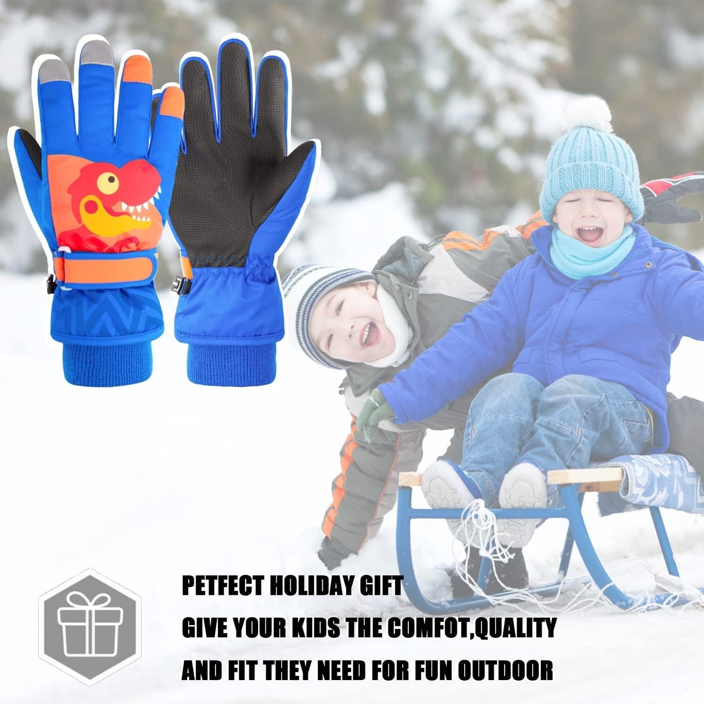 FAYHIJUN Children's Winter Snow Gloves Ski Gloves for 1-13 Years Girls Boys PU Palm Waterproof Windproof Warm Fleece Winter Gloves Cycling Gloves