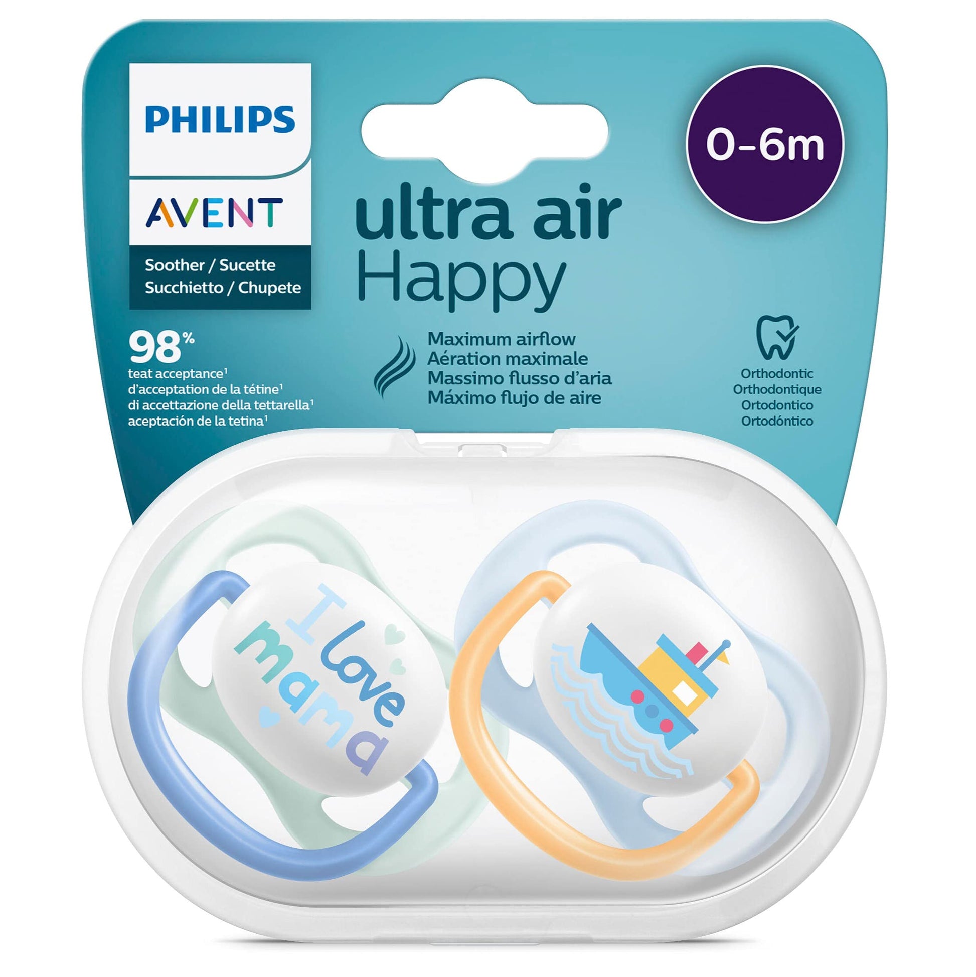 Philips Avent Ultra Air Schnuller, 2er-Pack – BPA-freier Schnuller für Babys von 0 bis 6 Monaten, Boot/Mama-Design (Modell SCF080/01) - Meloni2