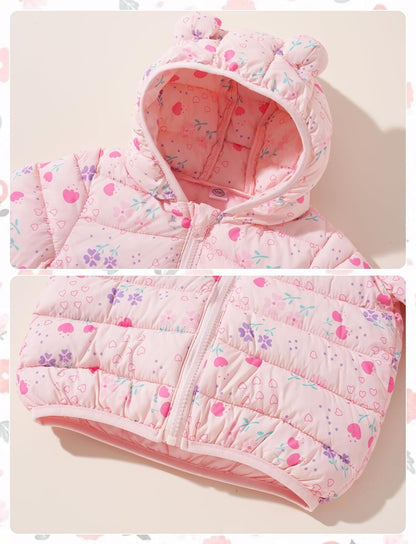 Happy Cherry Winter Jacket Baby Boys Girls Winter Coat with Hood Quilted Jacket Warm Lightweight Down Jacket Winter Cute Printed Outerwear 