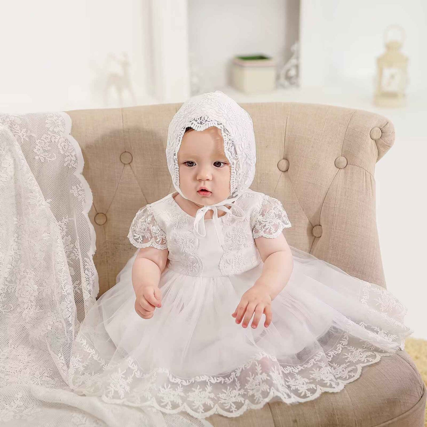 Baby Girl White Christening Dress with Hood Newborn Christening Dress Lace Dress for Wedding Birthday