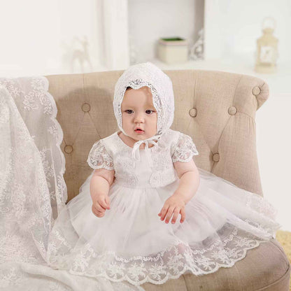 Baby Girl White Christening Dress with Hood Newborn Christening Dress Lace Dress for Wedding Birthday