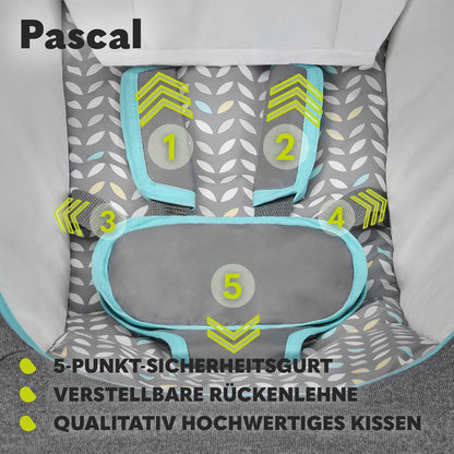 LIONELO Pascal Baby Wippe, sanfte Vibrationen, 5 Melodien, Spielzeugkarussell mit interaktiven Plüschtieren, Kopfkissen, verstellbare Rückenlehne, Energiesparsystem (GREY SCANDI)