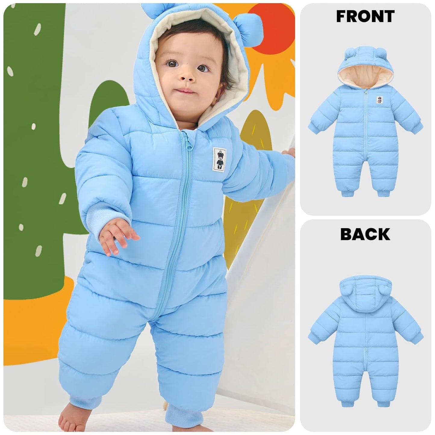 Minizone Baby Winter Jumpsuit with Hood, Romper Snowsuit Boys and Girls, Long-Sleeve Jumpsuit, Warm Outfits, Gift, 6-9 Months, 80 cm, Black