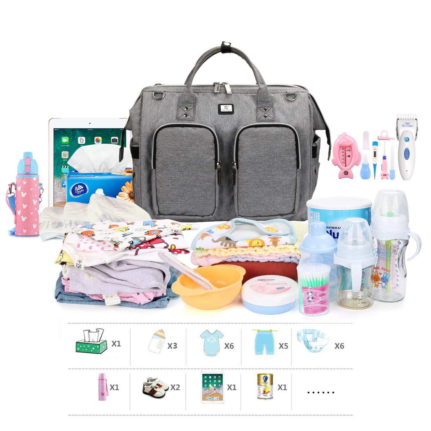 Wickeltasche mit wasserdicher Wickelunterlage und 2 Kinderwagen Haken verstellbare Schultergurt multifunktionale Umhängetasche Reisetasche für Unterwegs