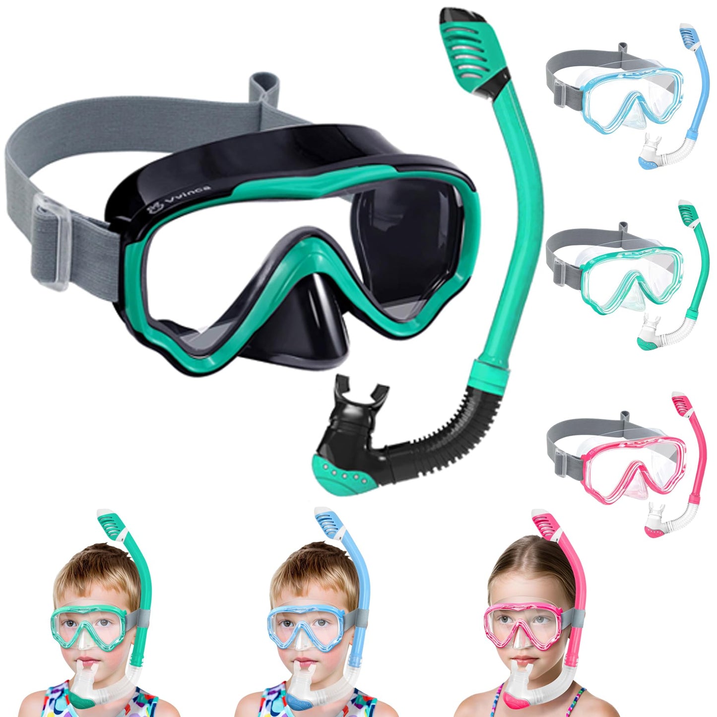 Vvinca Snorkel Set Children from 4-14 Years Diving Goggles with Snorkel Diving Set Girls Boys 180° Anti-Fog Anti-Leak Adjustable Elastic Swimming Goggles Snorkel Mask Dry Snorkel Pink