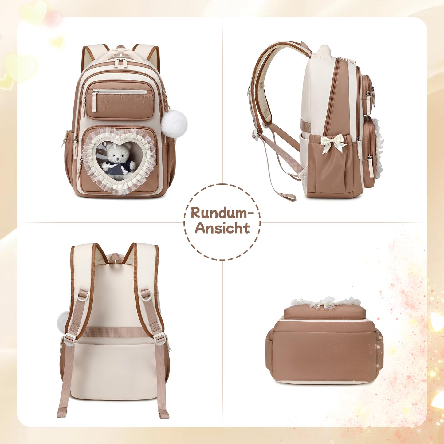 Schulrucksack Mädchen Herzdesign 22L mit Gepäckgurt für Schule | Spitze & Schleifendetails, Ergonomische 3D-Rückenpolsterung, wasserabweisendes Polyester, zahlreiche getrennte Fächer