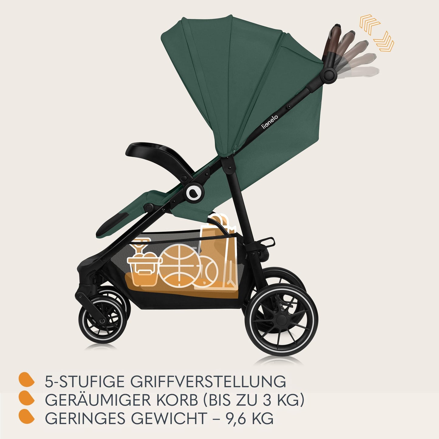 LIONELO Emma Plus Kinderwagen bis zu 15 kg, Kindersportwagen, leicht modern klein Buggy mit Liegeposition, zusammenklappbar, große Räder, großer Korb, Tasche Vivid Turkus