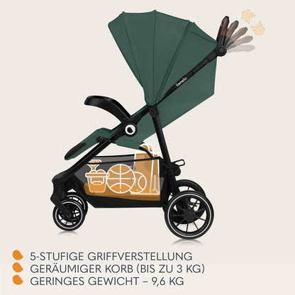 LIONELO Emma Plus Kinderwagen bis zu 15 kg, Kindersportwagen, leicht modern klein Buggy mit Liegeposition, zusammenklappbar, große Räder, großer Korb, Tasche Vivid Turkus