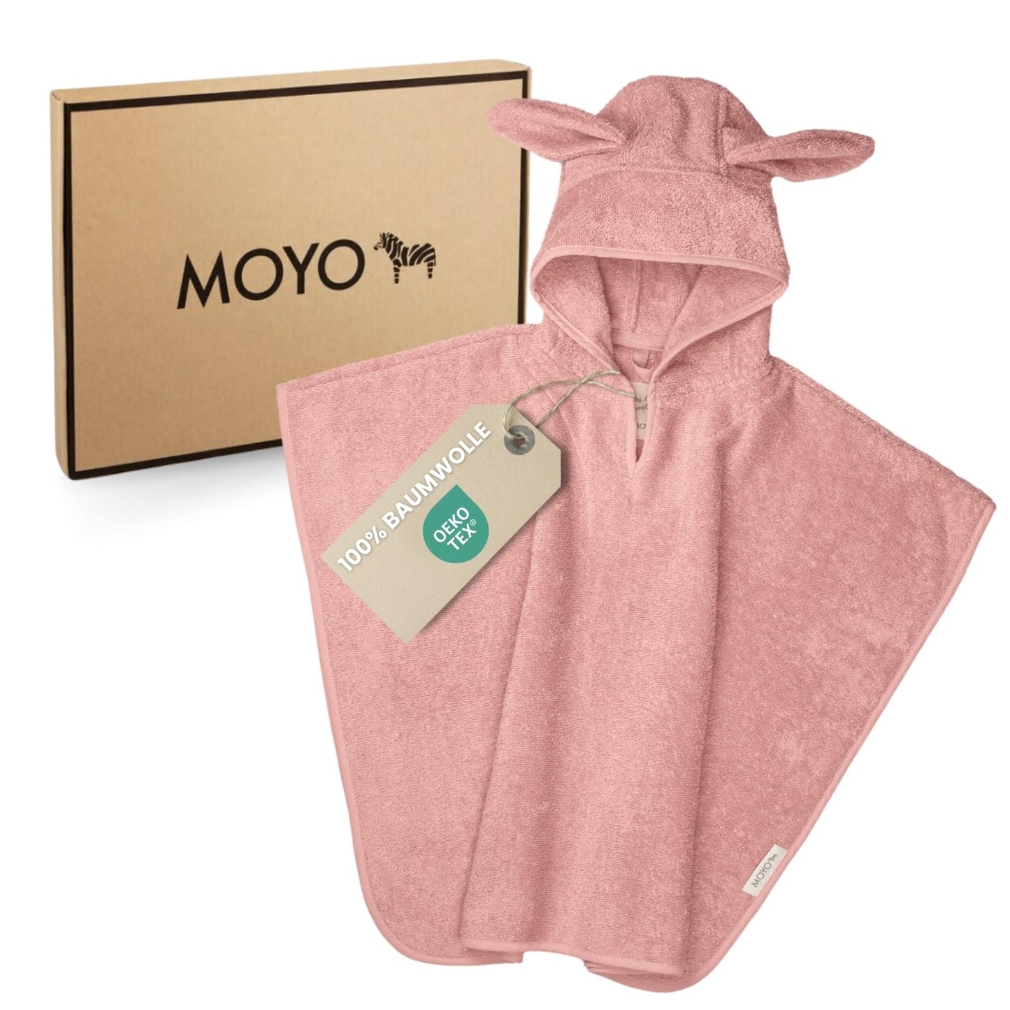 MOYO Baby Badeponcho Mit Hasenohren in Rosé I Kinder Badetuch Für 0-3 Jahre I Weicher Poncho Aus 100% Frottee-Baumwolle I Waschbares Kapuzenhandtuch I 68x56cm