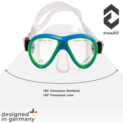 DYNAMICNORD - Kinder Schnorchelset – Designed in Germany – Profi Silikon 2er Set Tauchset Schnorchelset für Kinder (Taucherbrille, Trocken Schnorchel & Netztasche) mit Dry Schnorchel & Sicherheitsglas