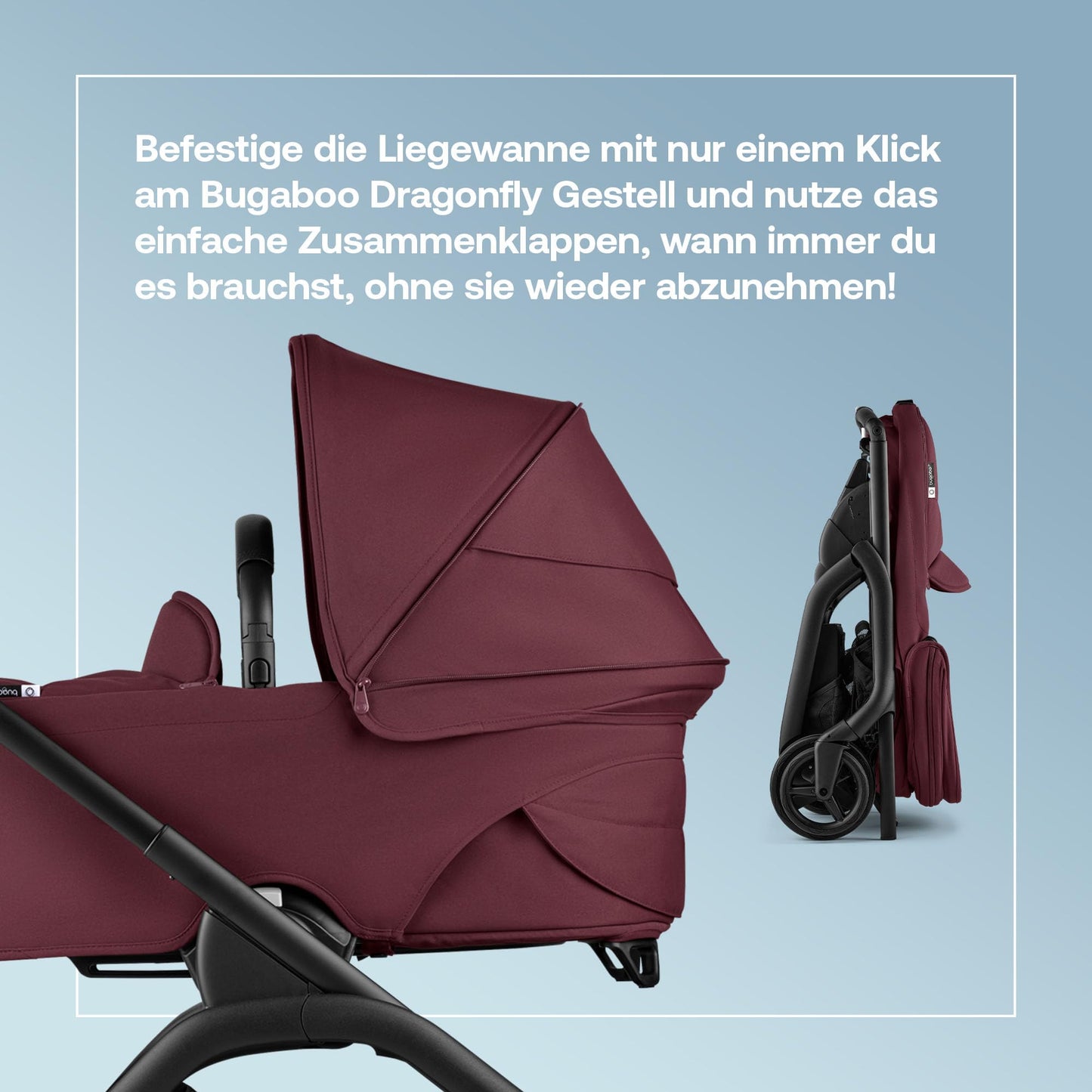 Bugaboo Dragonfly Liegewanne mit Lüftungsfenstern, einhändig faltbar in jeder Position, kompatibel mit dem Bugaboo Dragonfly City-Kinderwagen, Midnight Black