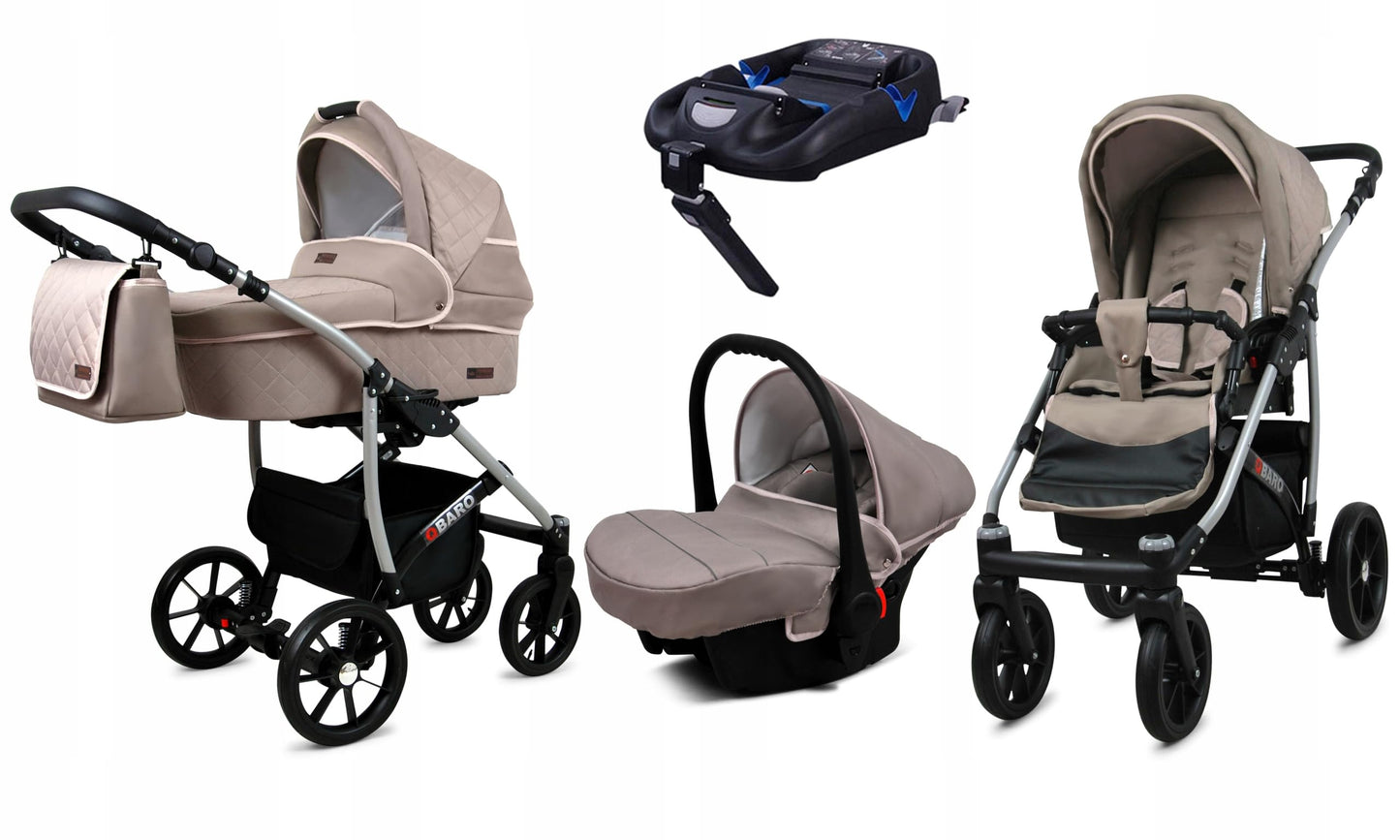 BabyLux® Bambimo Qbaro 3-in-1 Pushchair Set Including Baby Carrycot, Buggy Sports Seat, Car Seat - Car Seat - Pram Set - Combination Pram with Changing Bag, Rain Cover etc. 
