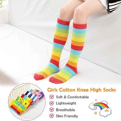 XEPST 6 Pairs Girls Knee Socks - Cartoon Design Warm Cotton Knee Socks Mid-Calf Boots Socks Funny Socks for School Odd Socks Day 3-12 Years Girls One Size Rainbow, rainbow