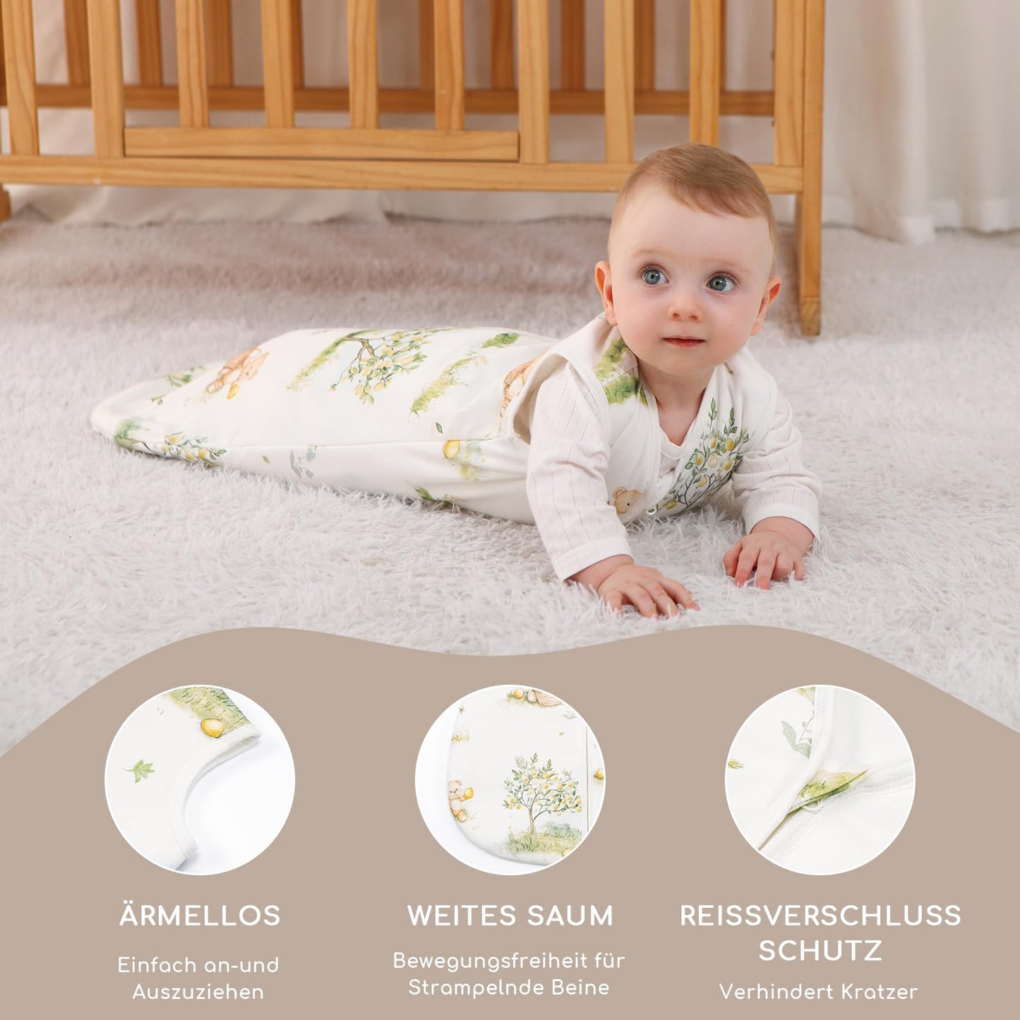 Yukkidds Baby Summer Sleeping Bag, 100% Cotton, 0.5 Tog, beige elephant, 0 - 6 months
