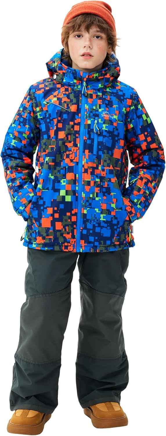 SMONTY Children's Snowsuit for Boys, Winter Ski Jacket and Trousers Set with Hood Strap, Windproof, Waterproof, Warm Coat