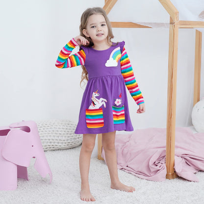 SFreeBo Girls Dresses Unicorn Rainbow Dress Kids Girls Gift Cotton Colourful Dresses for Girls 104 110 116 122 128