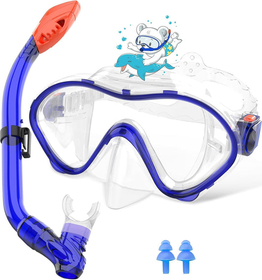Sporzin Children's Diving Goggles Snorkel Set - Snorkel with Dry Snorkel Mask 180° Panoramic View HD and Anti-Fog Silicone Diving Mask and Swimming Goggles with Ear Plugs 4-12 Years