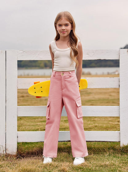 Haloumoning Mädchen Cargohose Baumwoll Y2K Baggy Cargo Hose Kinder Straight Leg Hohe Taille Jogginghose Casual Outdoorhose mit Elastische Taille und Taschen