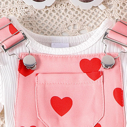 Baby Mädchen Sommer Outfits Rüschen Kurzarm Ripptop+ Blumen/Herzmuster Overalls Shorts Mit Tasche Süßes 2-Teiliges Kleidungsset