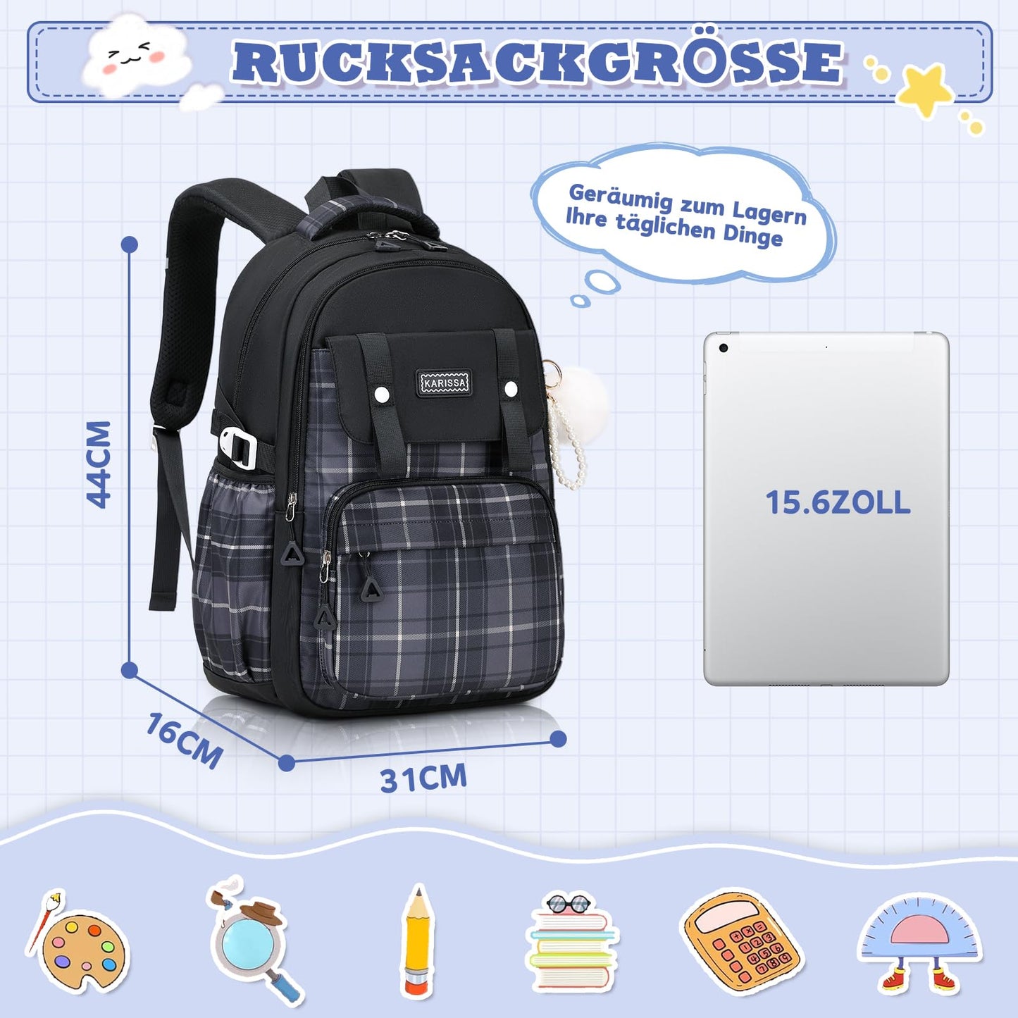 Rucksack mädchen 22L ergonomisch mit reflektierenden Streifen | Wasserdichtes Karogewebe, atmungsaktives 3D-Rückenpolster, zahlreiche getrennte Fächer, passend für 15,6-Zoll-Laptops