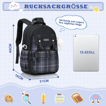 Rucksack mädchen 22L ergonomisch mit reflektierenden Streifen | Wasserdichtes Karogewebe, atmungsaktives 3D-Rückenpolster, zahlreiche getrennte Fächer, passend für 15,6-Zoll-Laptops