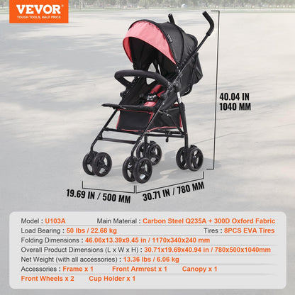 VEVOR Leichter Kinderwagen, kompakt, einfach zusammenklappbar, mit verstellbarer Rückenlehne, Rahmen aus Karbonstahl, großer Aufbewahrungskorb, Kinderwagen mit Schirm für Reisen und mehr, Schwarz/Pink - Meloni2