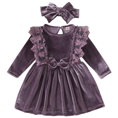 Baby Dress Girls Long Sleeve Lace A Line Princess Velvet Dress + Headband Wedding Festive Autumn Winter Clothing