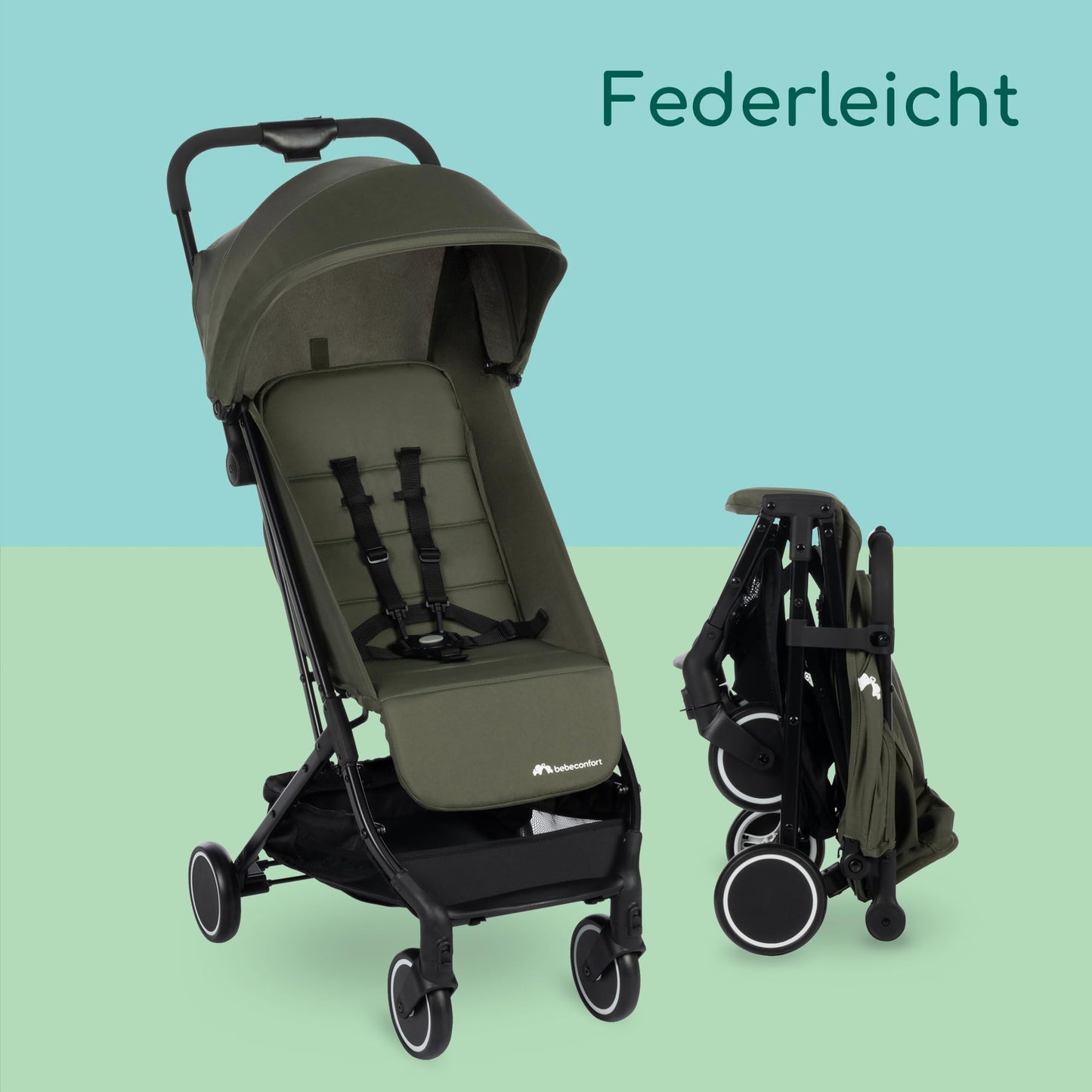 Bebeconfort Soko Superkompakter Kinderwagen, Bequem, Leichtgewich, Einfaches und Kompaktes Falten, 0 Monate bis 3,5 Jahre, 0-15 kg, Mineral Green