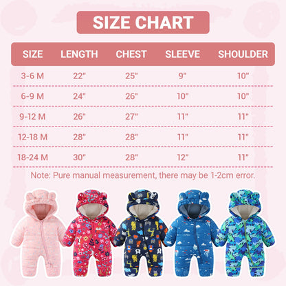 JiAmy Baby Winter Snowsuit, Toddler Bear Hood Fold-Over Mittens Booties Jumpsuit Toddler Warm Fleece Romper Girls Boys Warm Jumpsuit 3-24 Months