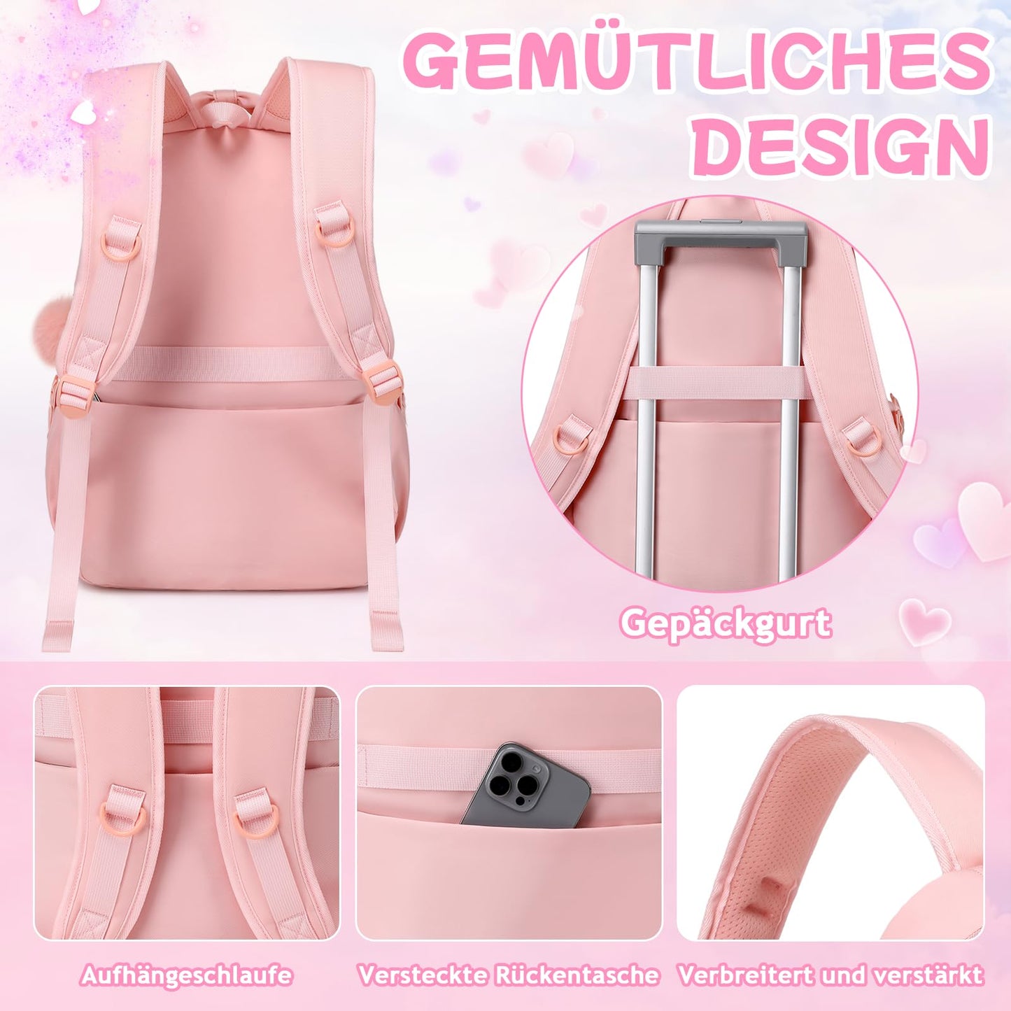 Schulrucksack Mädchen Herzdesign 22L mit Gepäckgurt für Schule | Spitze & Schleifendetails, Ergonomische 3D-Rückenpolsterung, wasserabweisendes Polyester, zahlreiche getrennte Fächer