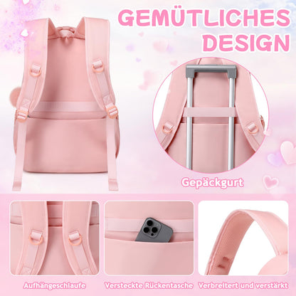 Schulrucksack Mädchen Herzdesign 22L mit Gepäckgurt für Schule | Spitze & Schleifendetails, Ergonomische 3D-Rückenpolsterung, wasserabweisendes Polyester, zahlreiche getrennte Fächer