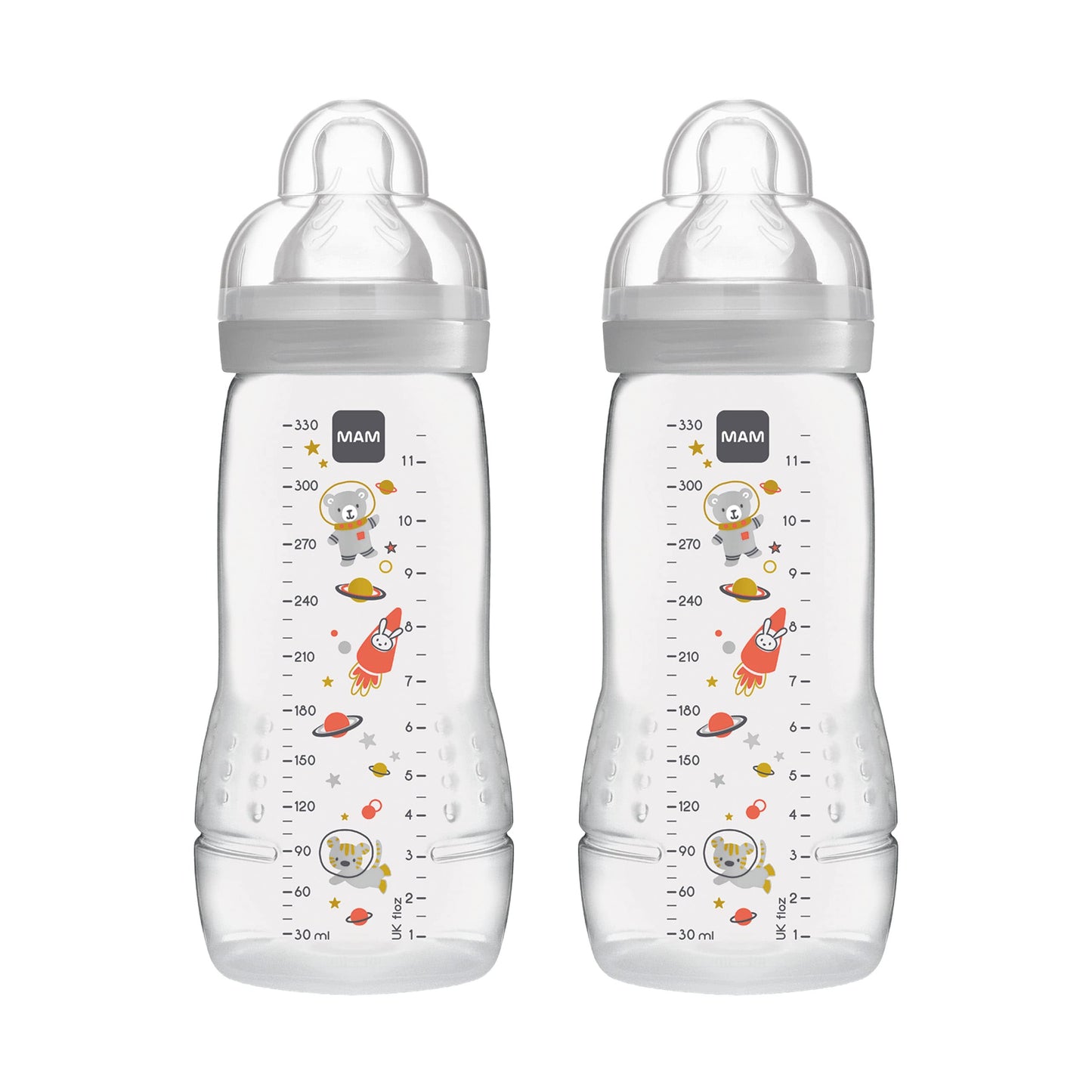 MAM Easy Active Trinkflasche im 2er-Set (330 ml), Baby Trinkflasche inklusive MAM Sauger Größe 2 aus SkinSoft Silikon, Milchflasche mit ergonomischer Form, 4+ Monate, Weltall - Meloni2