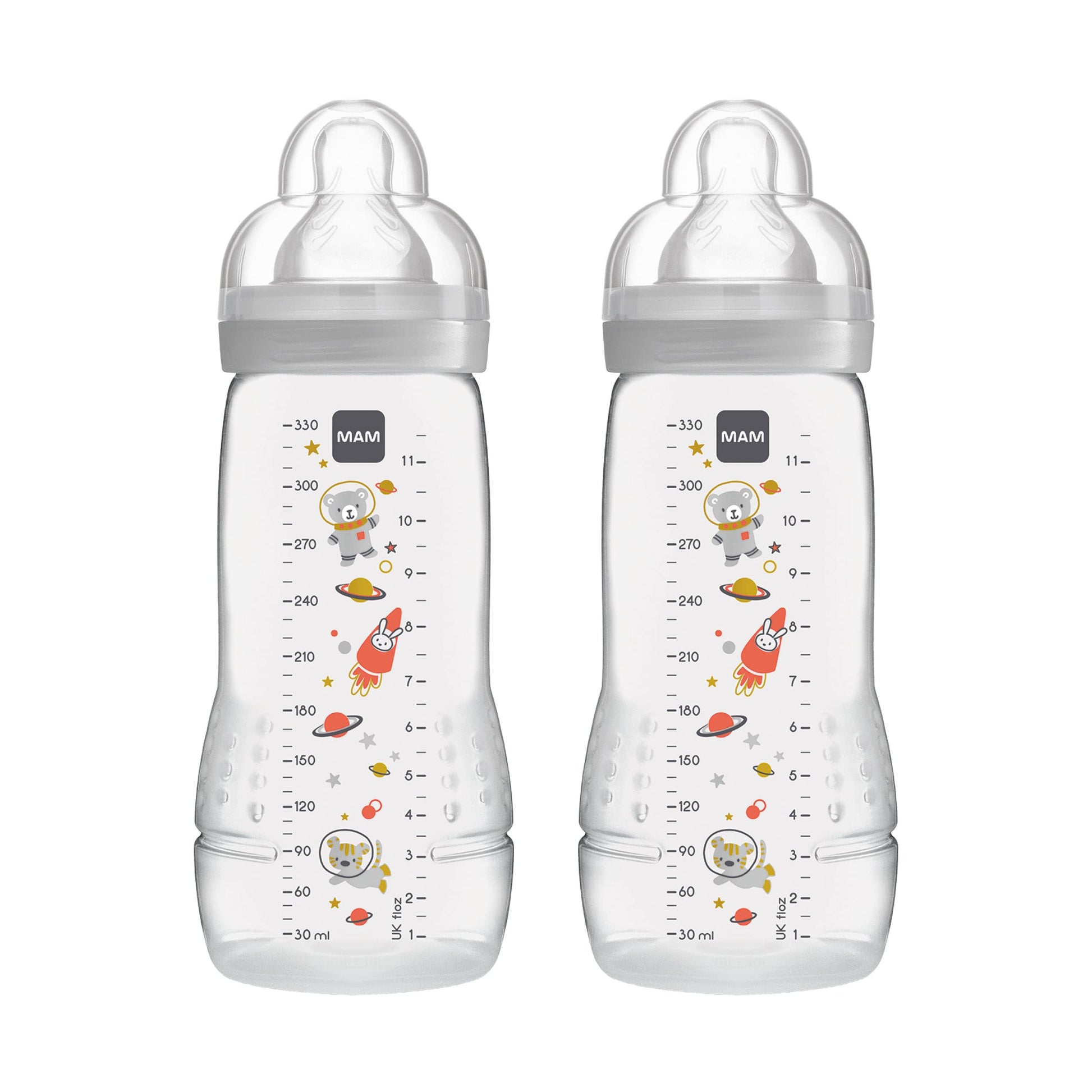MAM Easy Active Trinkflasche im 2er-Set (330 ml), Baby Trinkflasche inklusive MAM Sauger Größe 2 aus SkinSoft Silikon, Milchflasche mit ergonomischer Form, 4+ Monate, Weltall - Meloni2