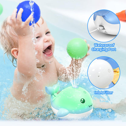 PHNIXGAM Baby Badewannenspielzeug, Wiederaufladbare Licht Up Wal Bad Spielzeug Sprinkler Badewanne Pool Wasser Brunnen Spielzeug für Kleinkinder Kinder, Blau