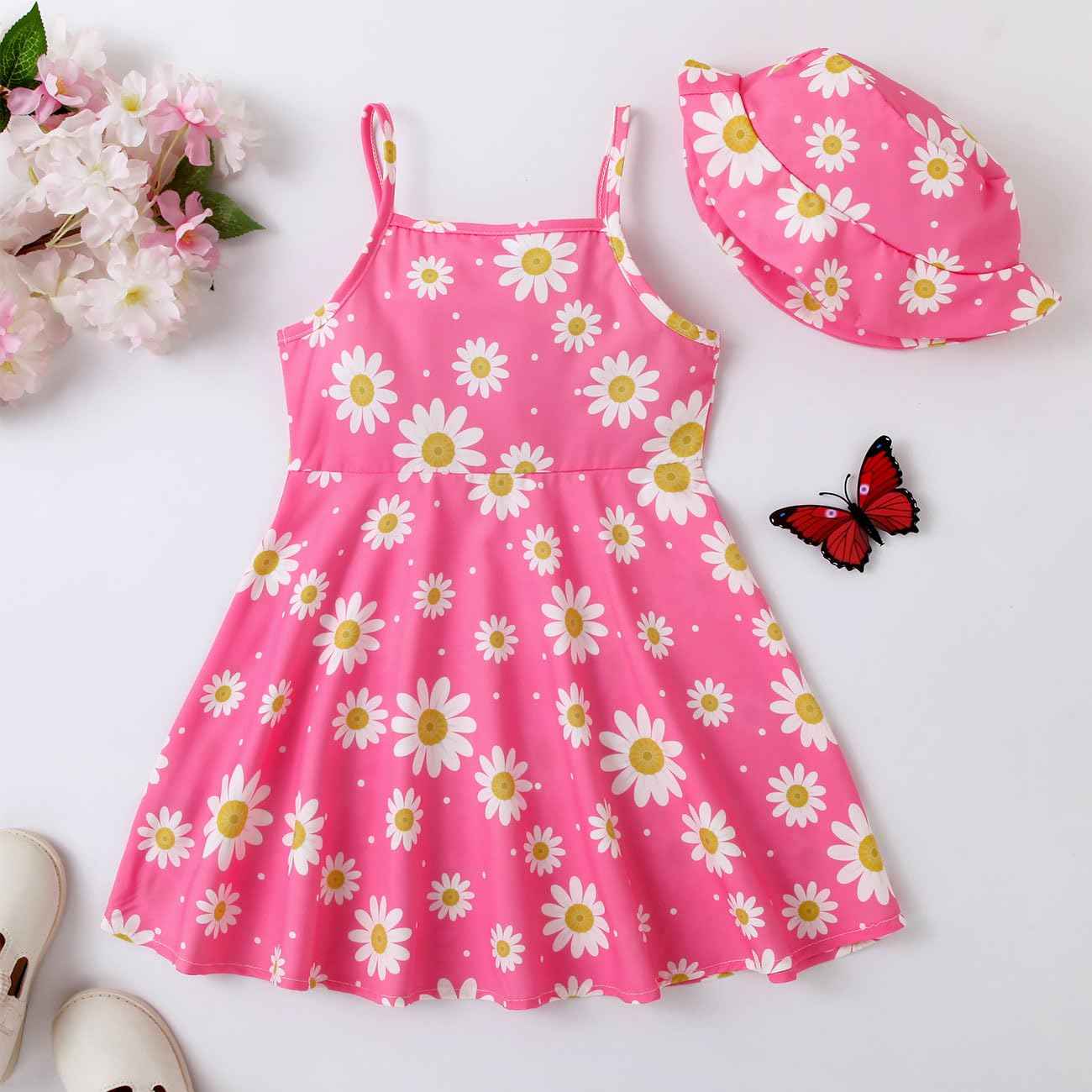 Baby Kleidung Mädchen Kleid - Gänseblümchen Ärmellos Kleider + Hut 2tlg, Blume Kleid Babykleidung Set Bekleidungssets Sommer Frühling Herbst für 0-3 Jahre (Grün/Rosa)