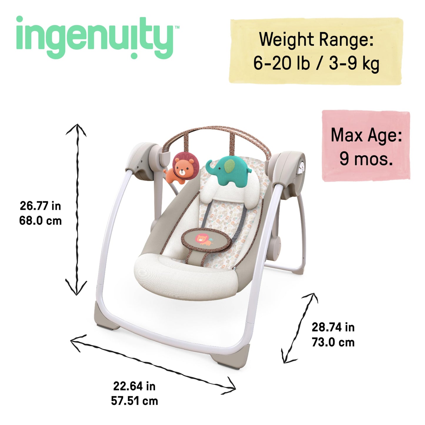 Ingenuity, tragbare Babyschaukel, Cuddle lamp - mit Melodien, Zeit- und Schaukeleinstellung