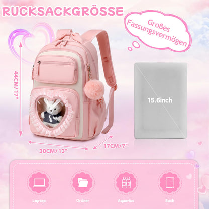 Schulrucksack Mädchen Herzdesign 22L mit Gepäckgurt für Schule | Spitze & Schleifendetails, Ergonomische 3D-Rückenpolsterung, wasserabweisendes Polyester, zahlreiche getrennte Fächer