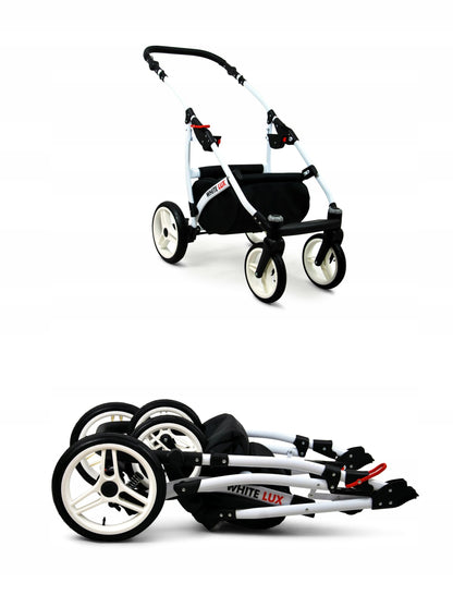 BabyLux® Bambimo Kinderwagen Set 3 in 1 - White Lux - incl. Babywanne, Buggy Sportsitz, Auto-Babyschale - Autositz - Kinderwagenset - Kombikinderwagen mit Wickeltasche, Regenschutz usw.