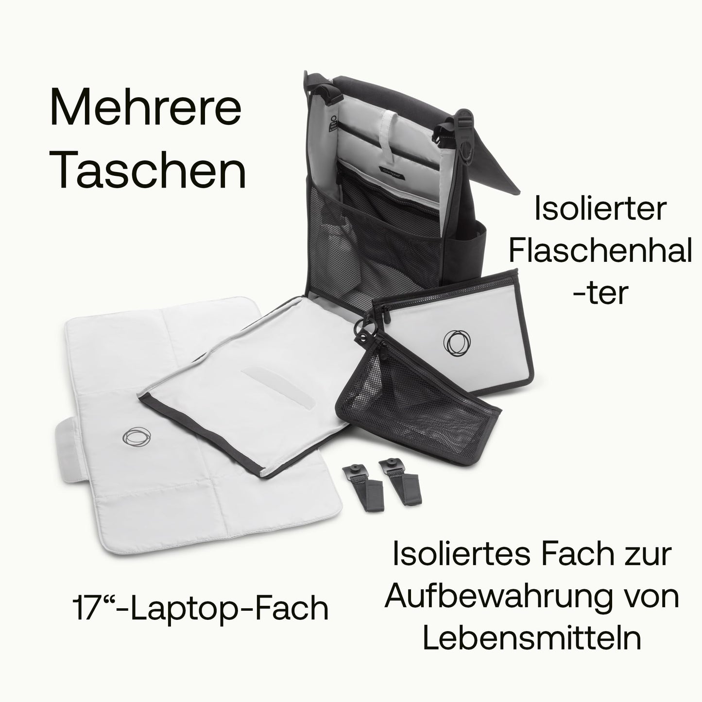 Bugaboo Wickelrucksack, Wasserabweisende Tasche aus nachhaltigem Material, Einfach zu reinigen, mit Wickelunterlage und isolierter Halterung für Flaschen, Midnight Black