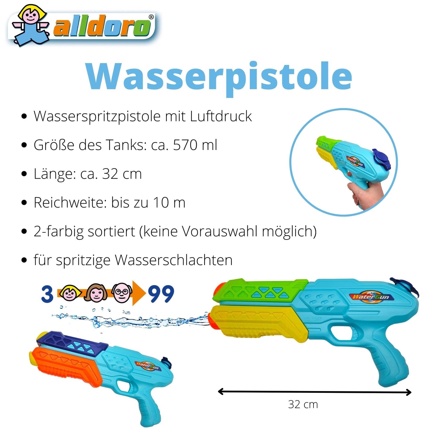 alldoro 60103 Water Power Wasserpistole ca. 27 cm, Reichweite bis zu 8 Meter, Wasserkanone mit 240 ml Wassertank, für Kinder ab 3 Jahren
