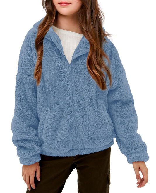 Haloumoning Girls' Fleece Jackets Kids Soft Fuzzy Hoodie Winter Coat Jacket 