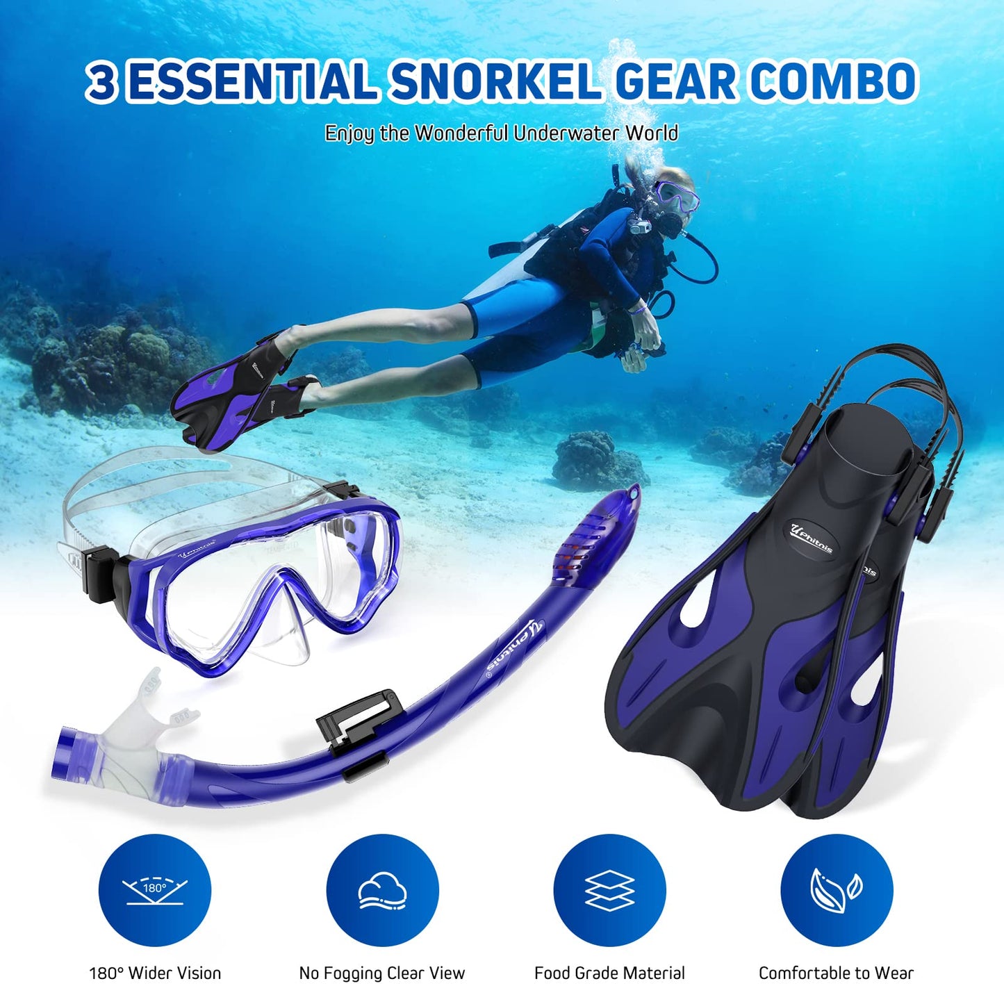 UPhitnis Kinderschnorchelset mit Flossen, Antibeschlag 180° Panorama Taucherbrille, verstellbare Schwimmflossen und Premium Dry Schnorchel, 3-in-1 Schnorchelset für Kinder mit Tragetasche