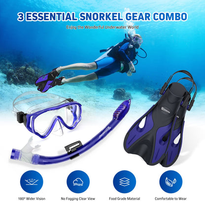 UPhitnis Kinderschnorchelset mit Flossen, Antibeschlag 180° Panorama Taucherbrille, verstellbare Schwimmflossen und Premium Dry Schnorchel, 3-in-1 Schnorchelset für Kinder mit Tragetasche