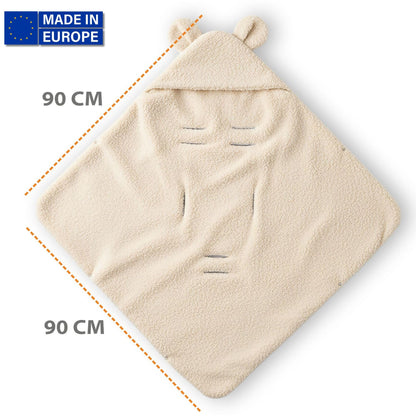 Kuschelige Boucle Einschlagdecke für Babyschale & Kinderwagen – warme Babydecke beidseitig mit Kapuze für Neugeborene – Premium Teddy für den Winter 90×90 cm Hellgrau