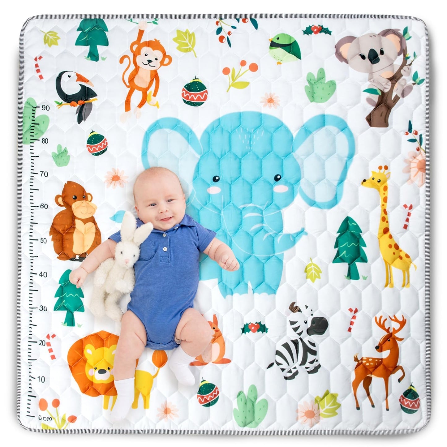 Funsland crawling carpet for babies, non-slip baby play mat, non-toxic 127x127cm, cotton animal crawling mat for babies, foldable with a height ruler, children's play mat for indoors/outdoors/fences 