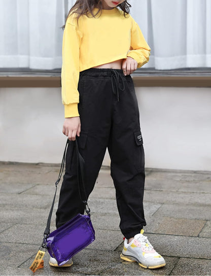 SEAUR Cargo Pants Girls Casual Pants Hip Hop Pants with Elastic Waist Sports Pants Jogging Pants with Pockets Drawstring Training Pants Sport Leisure Streetwear - 100-160cm 