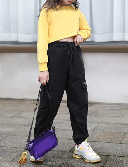SEAUR Cargo Hose Mädchen Freizeithose Hip Hop Hose mit Gummibung Sporthose Jogginghose mit Taschen Kordelzug Trainingshose Sport Freizeit Streetwear - 100-160cm
