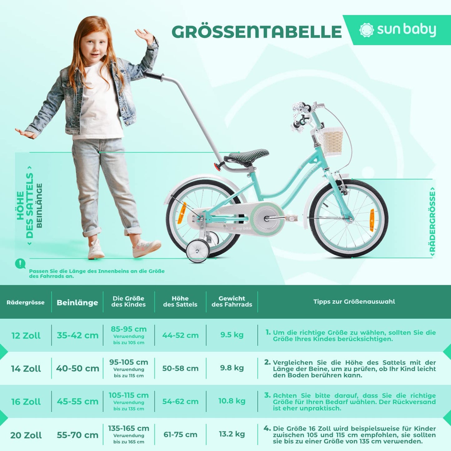 sun baby Mädchenfahrrad 12, 14 und 16 Zoll Radgröße Heart Bike zur Auswahl, mit Abnehmbarer Schubstange, Kinderfahrrad für Mädchen von 2 bis 6 Jahre