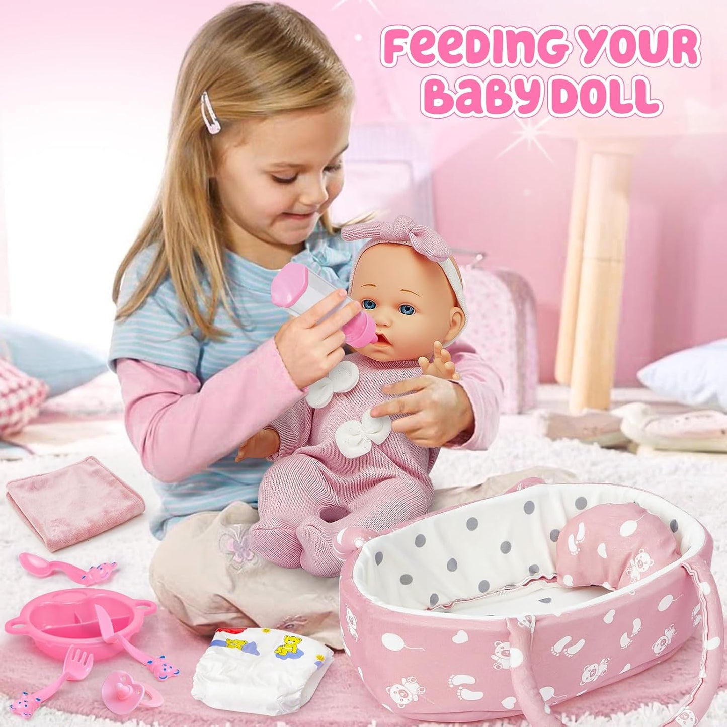 vamei Puppenzubehör Puppen Zubehör mit Puppenbett Puppenwindeln für 36cm Puppen, Tragbares , Geschenk für Mädchen Junge ab 3 Jahren, Rollenspiel Spielzeug